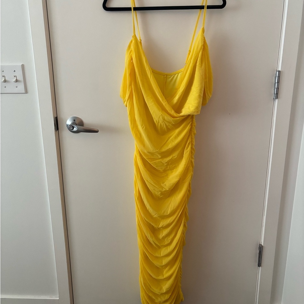 Yellow Ruched Midi Slip Dress